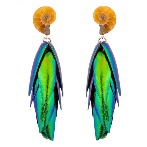 Beetle Earrings with Recycled Scarab Wings and Ammonite Fossils by Oana Savu Creations